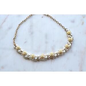 Vintage 1950s Cream Rose & White Enamel Leaf Choker Necklace, Mid-Century